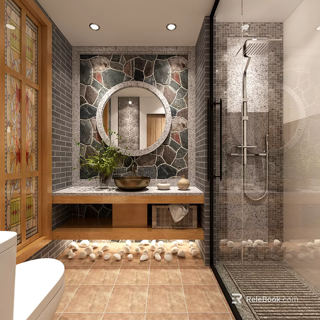 Hotel Guest Room Bathroom With Round Mirror Stone Wall Vanity Green Plant And Pebble Floor 3d model 
