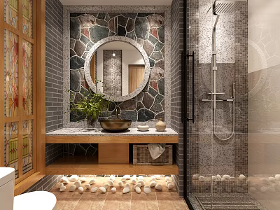 Hotel Guest Room Bathroom With Round Mirror Stone Wall Vanity Green Plant And Pebble Floor 3d model