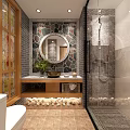 Hotel Guest Room Bathroom With Round Mirror Stone Wall Vanity Green Plant And Pebble Floor