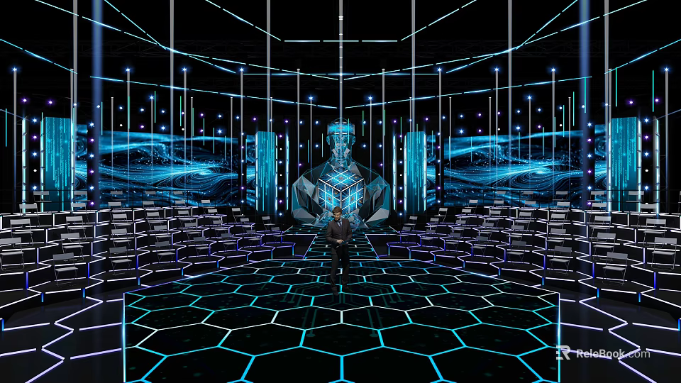 Futuristic Stage With Hexagonal Floor Blue Lights And Central Structure 3d model 