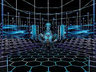 Futuristic Stage With Hexagonal Floor Blue Lights And Central Structure 3d model