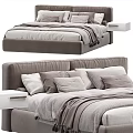 Light Gray And Brown Double Bed With Soft Pillows Cozy Blankets And Nightstand