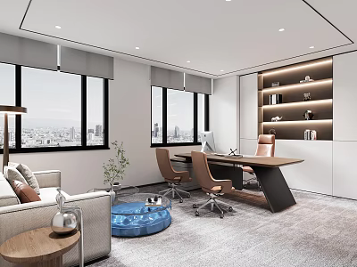 Modern Office Interior With City View Windows Sofa Wooden Desk And Built in Shelves 3d model