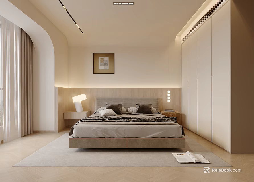 Modern Bedroom Interior With Platform Bed Nightstand Table Lamp Wardrobe Wall Art And Rug 3d model 