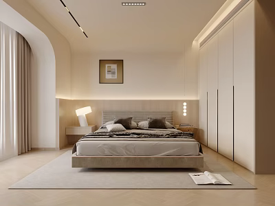 Modern Bedroom Interior With Platform Bed Nightstand Table Lamp Wardrobe Wall Art And Rug 3d model