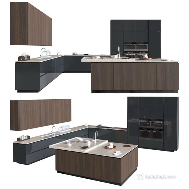 Modern Kitchen Interior With Dark Wood Grain Cabinets And Marble Countertop Island 3d model 