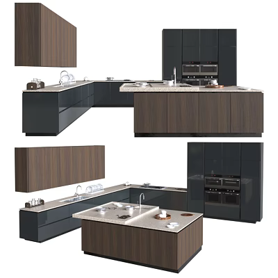 Modern Kitchen Interior With Dark Wood Grain Cabinets And Marble Countertop Island 3d model
