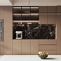 Elegant Modern Kitchen Sideboard With Taupe Cabinets Black Marble Backsplash Glass Door Shelves And Lighting