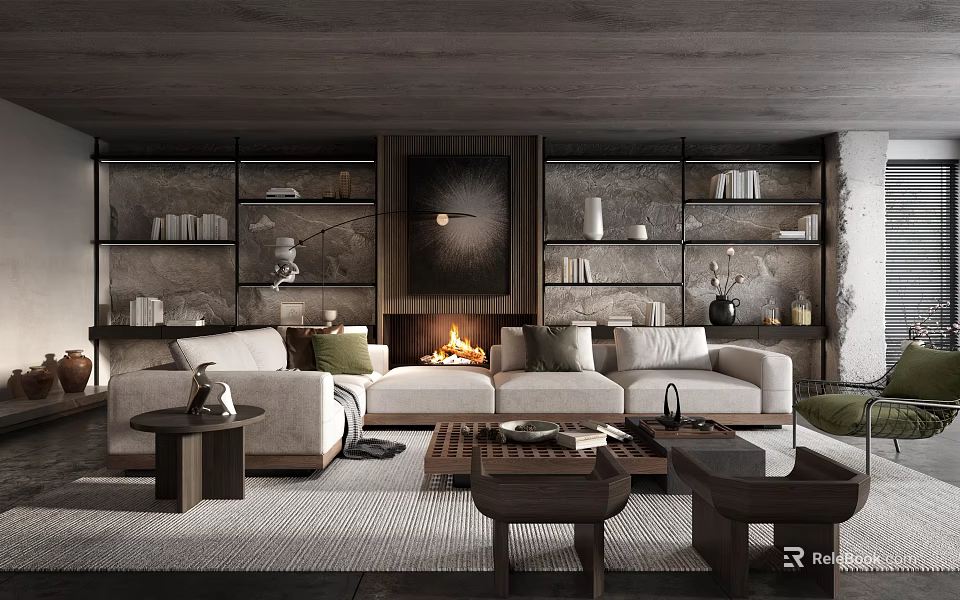 Modern Living Room Interior Design With Sofa Fireplace Bookshelves Wooden Coffee Tables And Rug 3d model 