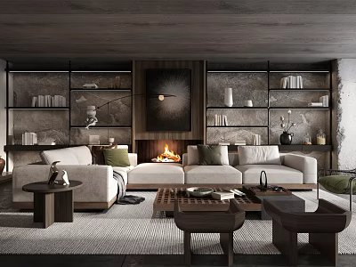 Modern Living Room Interior Design With Sofa Fireplace Bookshelves Wooden Coffee Tables And Rug 3d model