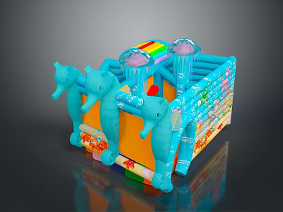 Colorful Kids Inflatable Castle With Blue Seahorses And Rainbow Top Decorations 3d model