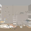 Kids Room Interior Featuring Bunk Bed Study Desk Perforated Wall Panel And Play Rug 3d model