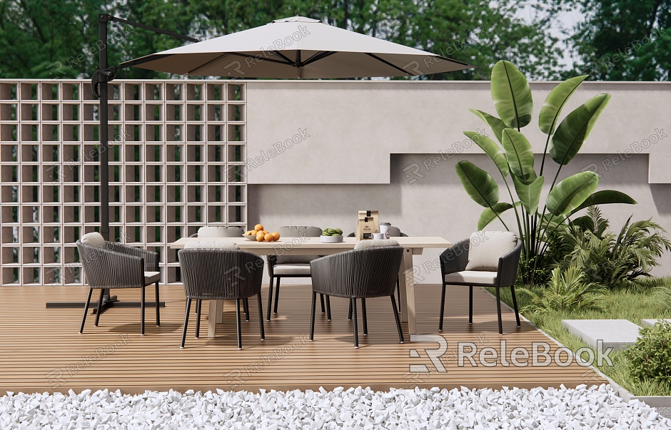 Modern Outdoor Table and Chair Woven Leisure Chair Dining Table and Chair Courtyard Garden Parasol Plant Pile Plant Combination model