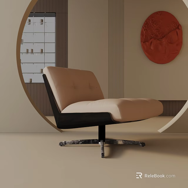 Modern Minimalist Leisure Chair With Beige Cushion Black Frame Metal Swivel Base And Circular Decor 3d model 