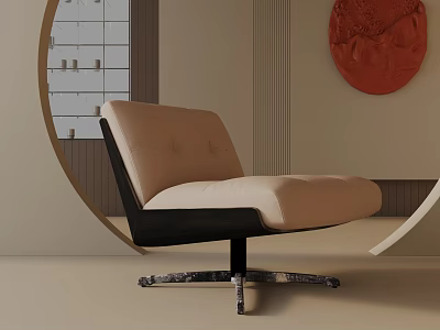 Modern Minimalist Leisure Chair With Beige Cushion Black Frame Metal Swivel Base And Circular Decor 3d model