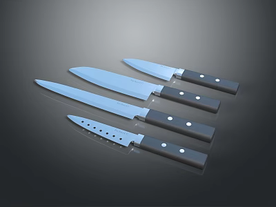 Premium Stainless Steel Kitchen Knives With Black Handles And Silver Blades For Home Cooking 3d model