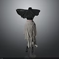 Black Top With Wide Shawl Design And Beige Layered Long Skirt Fashion Outfit