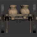 Vintage Wooden Cart Loaded With Multiple Clay Pots On Dark Background