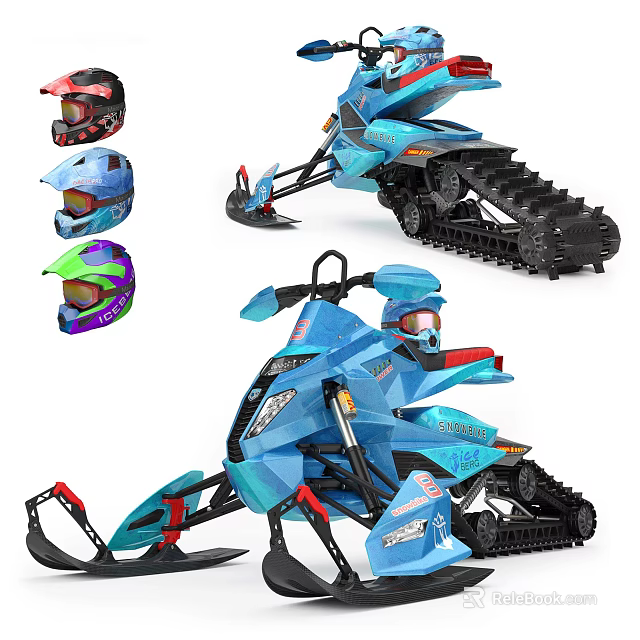 Blue Snowmobile With Colorful Helmets Tracked Skis And Winter Riding Gear 3d model 