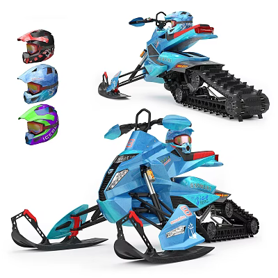 Blue Snowmobile With Colorful Helmets Tracked Skis And Winter Riding Gear 3d model