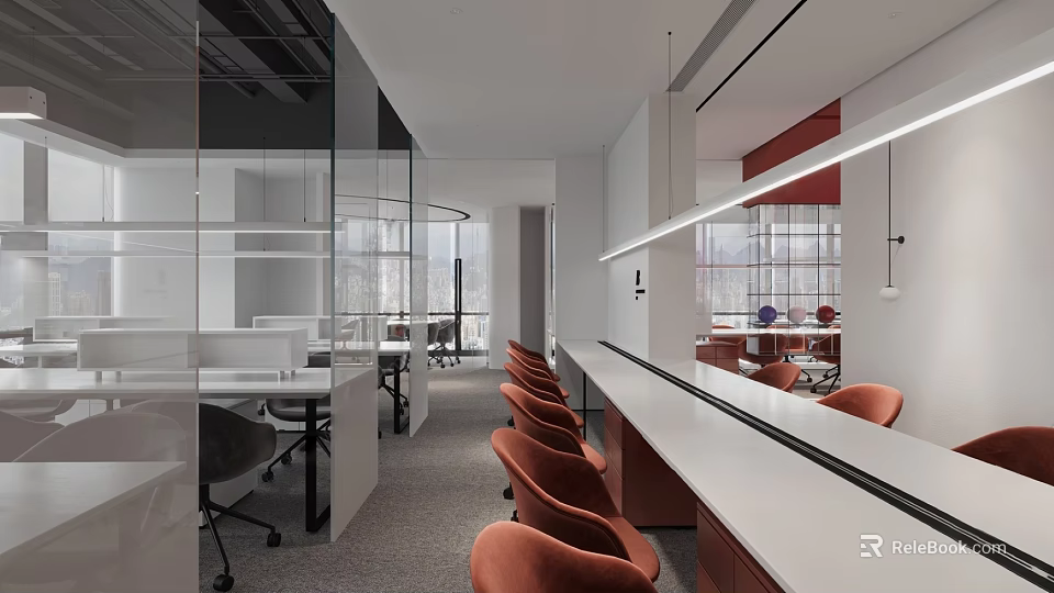 Modern Shared Office Space With Open Layout Glass Partitions Orange Chairs And Pendant Lights 3d model 