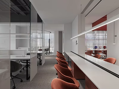 Modern Shared Office Space With Open Layout Glass Partitions Orange Chairs And Pendant Lights 3d model