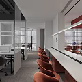 Modern Shared Office Space With Open Layout Glass Partitions Orange Chairs And Pendant Lights