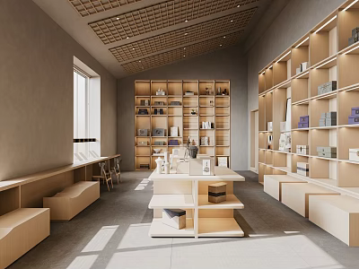 Minimalist Interior Design With Wooden Shelves Long Tables Benches And Natural Light 3d model