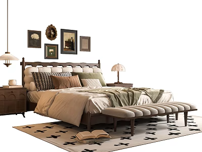Cozy Double Bed With Decorative Paintings Bedside Tables And Footstool On Patterned Rug 3d model