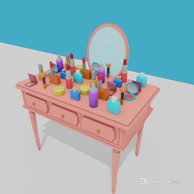 Pink Vanity Table With Mirror And Assorted Perfumes Cosmetics Lipsticks Small Bottles 3d model 