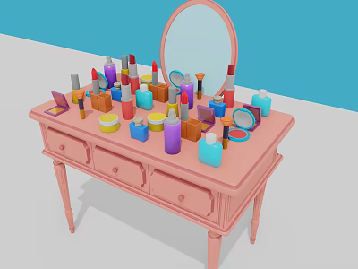 Pink Vanity Table With Mirror And Assorted Perfumes Cosmetics Lipsticks Small Bottles 3d model