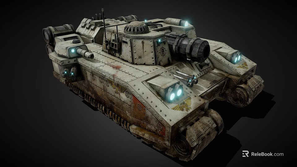 Military Combat  Tank With Tracks Cannon Headlights And Weathered Armor Design 3d model 