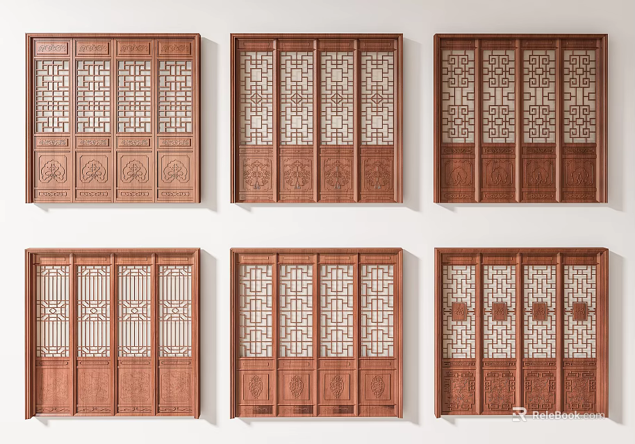 Traditional Chinese Wooden Carved Doors With Multiple Intricate Patterns On White Background 3d model 