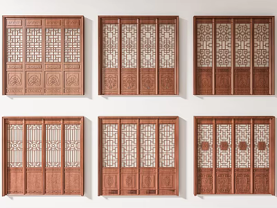 Traditional Chinese Wooden Carved Doors With Multiple Intricate Patterns On White Background 3d model