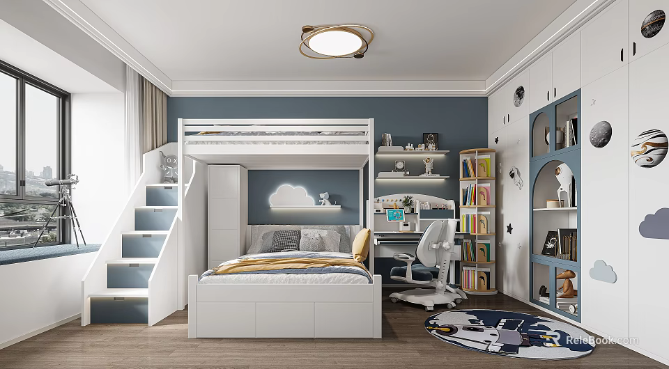 Kids Room Interior Design With Bunk Bed Blue Walls Bookshelf Desk And Cloud Decor 3d model 