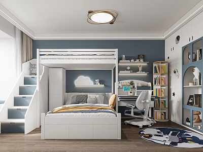 Kids Room Interior Design With Bunk Bed Blue Walls Bookshelf Desk And Cloud Decor 3d model