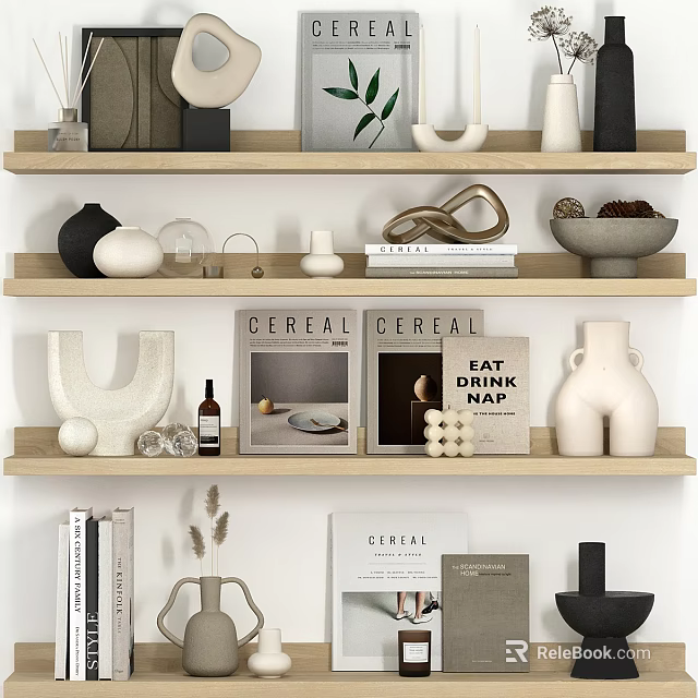 Minimalist Modern Decorative Ornament Set With Wooden Shelves Vases Books Sculptures And Plants 3d model 