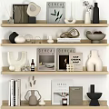 Minimalist Modern Decorative Ornament Set With Wooden Shelves Vases Books Sculptures And Plants