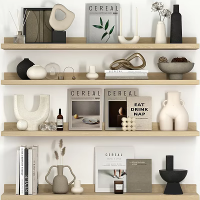 Minimalist Modern Decorative Ornament Set With Wooden Shelves Vases Books Sculptures And Plants 3d model