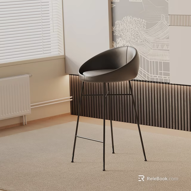 Modern Black Bar Stool With Curved Backrest And Metal Frame In Minimalist Interior 3d model 