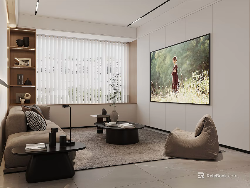 Modern Living Room Interior With Beige Sofa Large Painting Window Blinds And Bean Bag Chair 3d model 