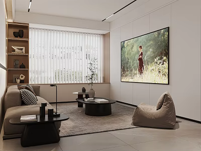 Modern Living Room Interior With Beige Sofa Large Painting Window Blinds And Bean Bag Chair 3d model
