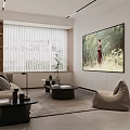 Modern Living Room Interior With Beige Sofa Large Painting Window Blinds And Bean Bag Chair