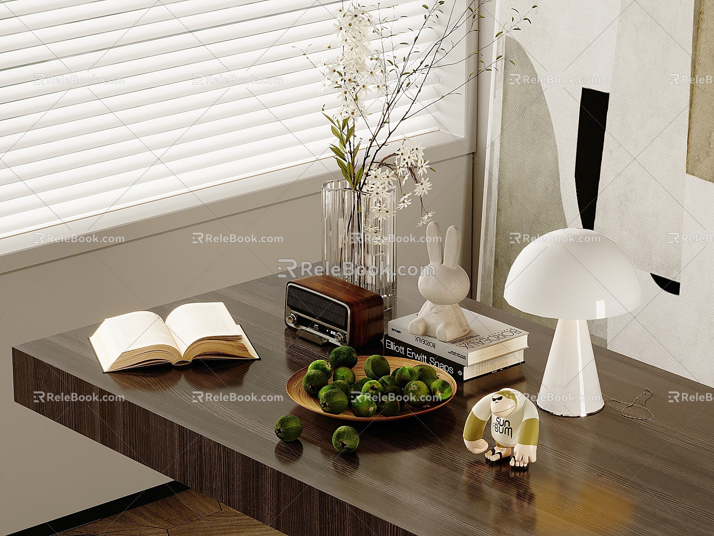 Desk Jewelry Ornaments Mushroom Table Lamp Vase Flora Radio Books Books Venetian Blinds Decorative Painting 3d model