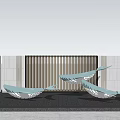 Large Blue Whale Sculptures In Water Feature With Vertical Striped Backdrop