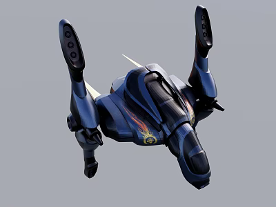 Sleek Futuristic Blue Black Flying Vehicle With Flame Design And Thrusters 3d model