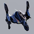 Sleek Futuristic Blue Black Flying Vehicle With Flame Design And Thrusters