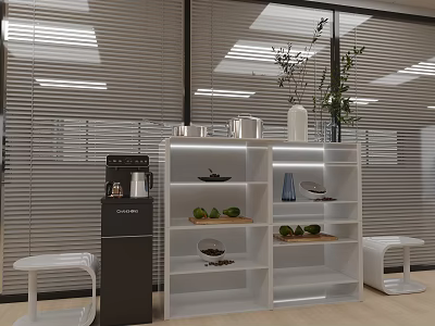 Modern White Entryway Cabinet And Side Cabinet With Open Shelves Decorative Bowls Green Plants 3d model