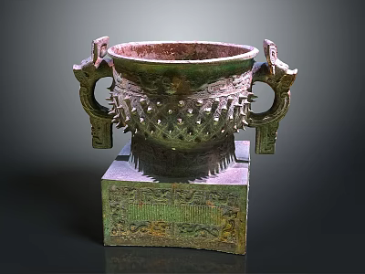 Classical Ceramic Vessel With Two Mythical Beast Handles Intricate Raised Decorations And Square Base 3d model