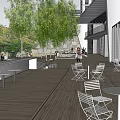 Garden Landscape With Wooden Deck Tables Chairs Green Trees And Stone Wall
